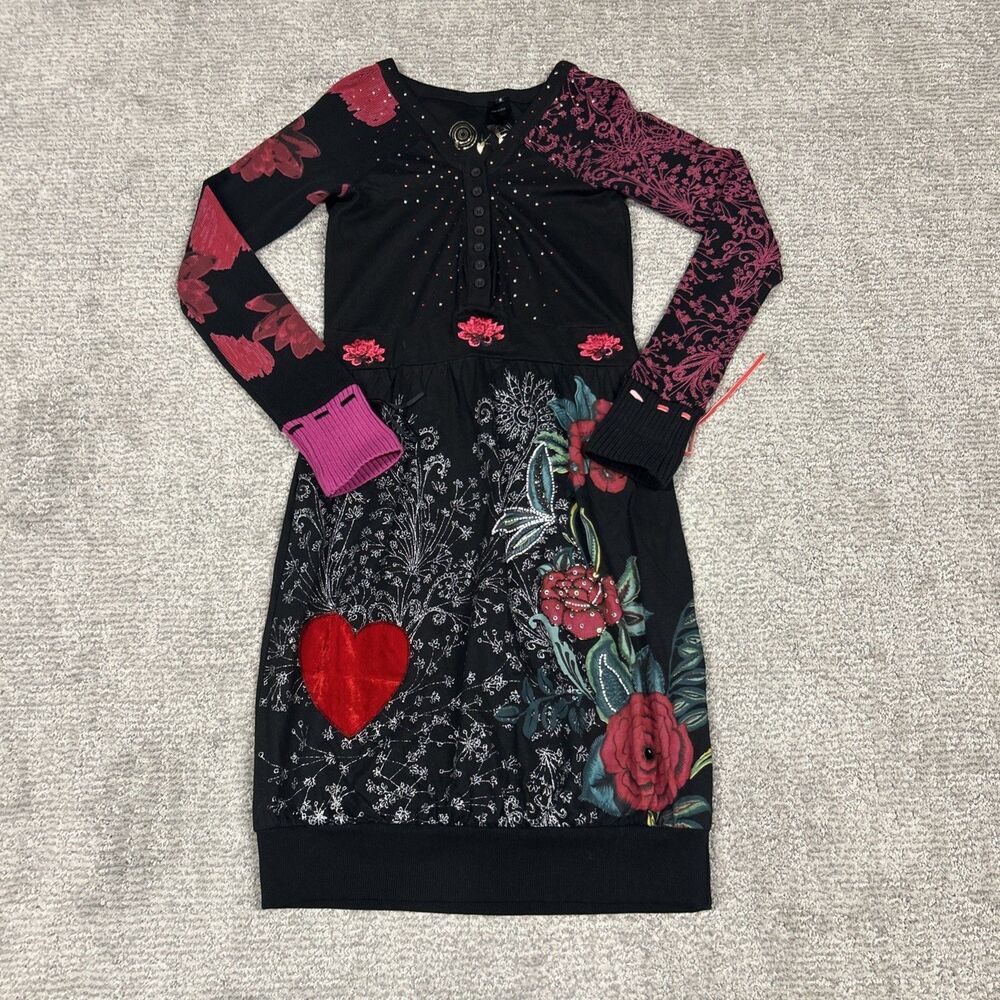 Desigual Dress Womens XS Floral Embroidered Sequins Embellished Black Artsy